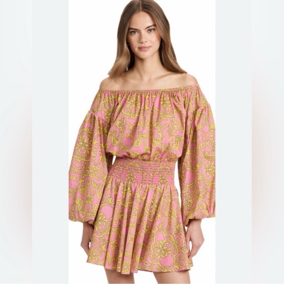 Misa Los Angeles Pink and Yellow Off-Shoulder Mini Dress